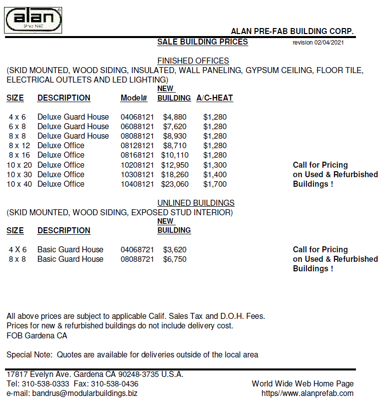 Price list for standard model portable buildings and mobile offfices. Skid mounted. California.